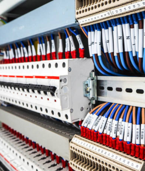 Inside view of a PLC panel showing organized wiring and components